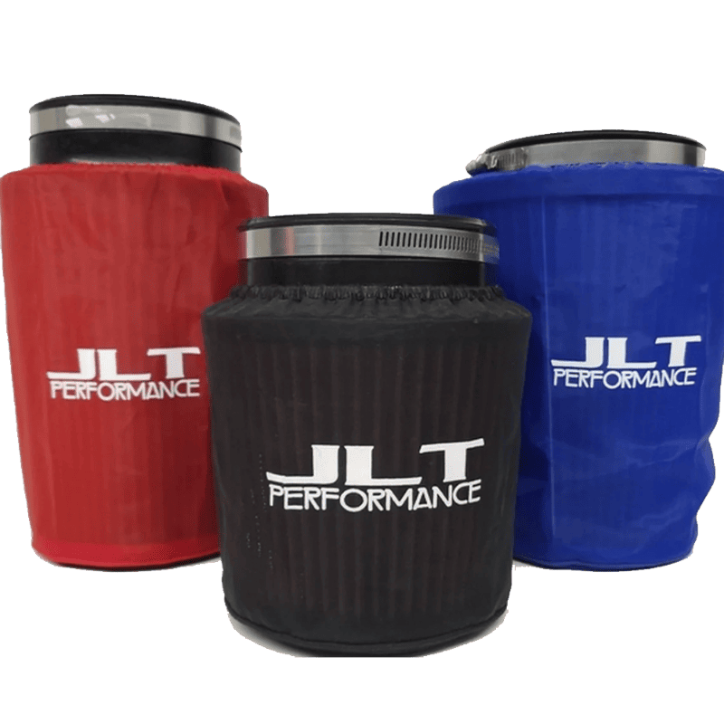 Three air filter wraps in red, blue, and black colors with 'JLT Performance' branding on each.